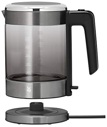 WMF Küchenminis - Hervidor de agua de cristal (1900 W, 1,0 L, inalámbrico, indicador de nivel de agua, filtro de agua de cal, parada automática), color gris