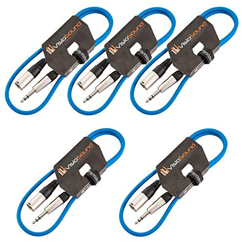 VisioSound 5 x Male XLR to 6.35mm Stereo TRS Jack Lead/Balanced Signal/Audio Patch Cable (Blue, 1m, Pack of 5)