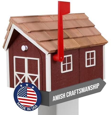 Peaceful Classics Amish Briefkasten aus Zedernholz, mit Fenster- und Türverkleidung, handgefertigte Briefkästen für draußen, Postmontage, Wohnbriefkästen – (Rot mit weißem Rand)