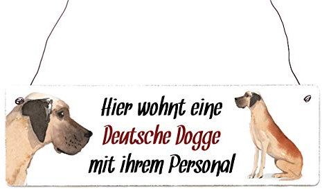 Interluxe Holzschild - Hier wohnt eine Deutsche Dogge - Schild mit Spruch, Warnschild oder Hundeschild als Geschenk für Menschen mit Hund