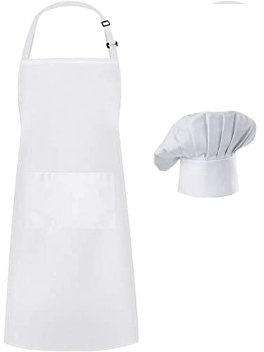 Hyzrz Grembiule da cuoco, cappello da cuoco e cucina per adulti, regolabile, grembiule per costume da panettiere per uomini e donne, regalo per papà, bianco, Taglia Unica