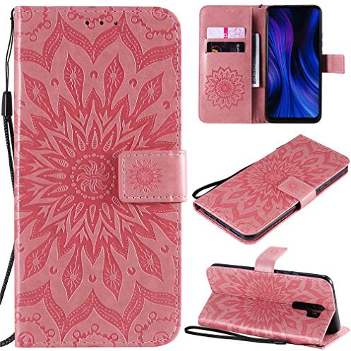 CHcase Cover per Xiaomi Redmi 9 Custodia Portafoglio a Libro in Pelle Flip Cover con Porta Carte, Chiusura Magnetica Case Antiurto Bumper Fiore Girasole per Xiaomi Redmi 9 -Rosa