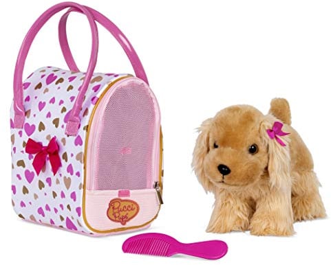 Pucci Pups Cocker Spaniel Kuscheltier Hund in Handtasche mit Zubehör – Plüschtier Welpe in Herzchenmuster Tasche – Spielzeug für Kinder ab 2 Jahre