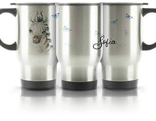 Hairyworm Personalised Travel Mug, 400ml Silver Stainless Steel Travel Mug with Handle, Customised with Initial/Name, Zebra Blue Butterfly Design Print