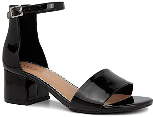 LONDON FOG Nikki Damen-Sandalen, niedrig, zweiteilig, Blockabsatz, Knöchelriemen, Pumps, Schwarz Lack, 38.5 EU
