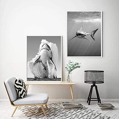 LIANGX Leinwand Bilder Poster Weißer Hai Schwarz Weiß Deko für Wand, Kunstdruck Wandbilder schwarz weiß Print Home Schlafzimmer Wohnzimmer ohne Bilderrahmen (2X50x70cm)