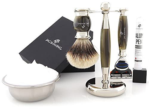 Jag Shaving Shaving Kit - 5 Piece Shaving Set - Jag's Lee Range - 5 Edge Shaving Blade Shaving Razor - Silvertip Badger Shaving Brush - Elegant Shaving Stand - Green Horn Imitation