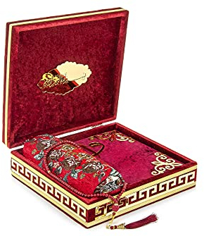 Luxuriöse islamische Gebetsbox mit Samtbezug, 4-teiliges Set mit elegantem Koran und Gebetsperlen, Tesbih & Gebetsteppich, Ramadan & Eid Geschenk, Burgunderrot