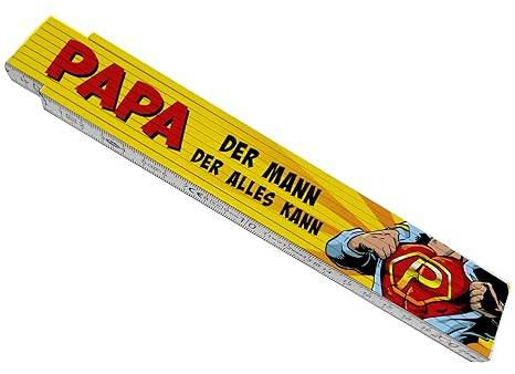 Meterstab aus Holz mit Superhelden-Design und Spruch - Papa Der Mann der alles kann als kleines Geschenk zum Vatertag für Papa den Superhelden der mit seinen magischen Händen