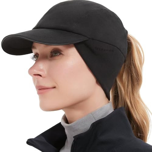 GADIEMKENSD Winter Fleece Hats Reflective Ponytail Hat for Women Baseball Caps with Earflap Drop Down Ear Warmer Mens Skull Cap Beanie with Visor Cold Hat for Outdoor Hiking Running Snow Ski Black