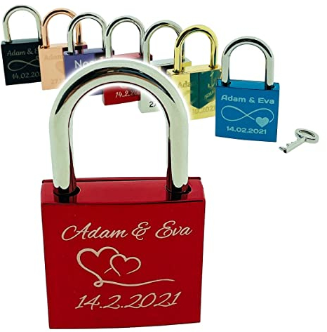 Liebesschloss mit Gravur, Vorhängeschloss Schloss, Romantisches Geschenk für Frau Mann Freund Freundin zum Valentinstag, Hochzeit, Hochzeitstag, Pärchen Liebesgeschenke Jahrestag Rot