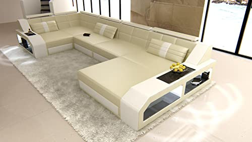 Sofa Wohnlandschaft Arezzo U Form Leder - mit LED Beleuchtung, verstellbare Kopfstützen, Recamiere/Lederfarben wählbar/Ausrichtung Ottomane wählbar (Ottomane rechts, Beige-Weiß)