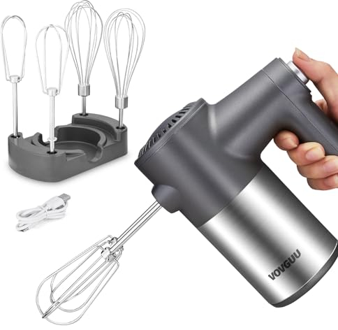 VOVGUU Cordless Hand Mixer with Digital Display 7 Speed Rechargeable Hand Mixer for Cookies Wireless with Stand, Type-C Charging Cable 2 Flat Beaters and 2 Net Whisk Include
