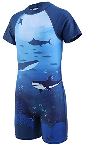 Aisyee Boys Swimming Costume Kids Short Sleeve Swimsuit Boys One Piece Swimwear Child Rash Suit Shark Bathing Suit 7-8 Years