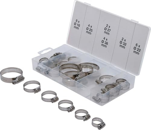 BGS 8055-1 | Schlauchklemmen-Sortiment | rostfrei | Ø 16-38 mm | 26-tlg. | 6 Größen | Edelstahl | Außensechskant-Schlitzschraube | Antrieb 6 - 7 mm | Sortimentskasten