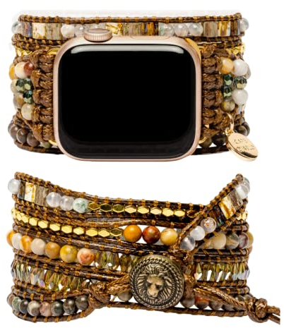 Cape Diablo Moonlight Goddess Smartwatch-Armband – echtes Energie-Kristallarmband – Boho, Achat & grüner Opal, perlenbesetzt, verstellbar, 8, SE – 38 mm – 45 mm