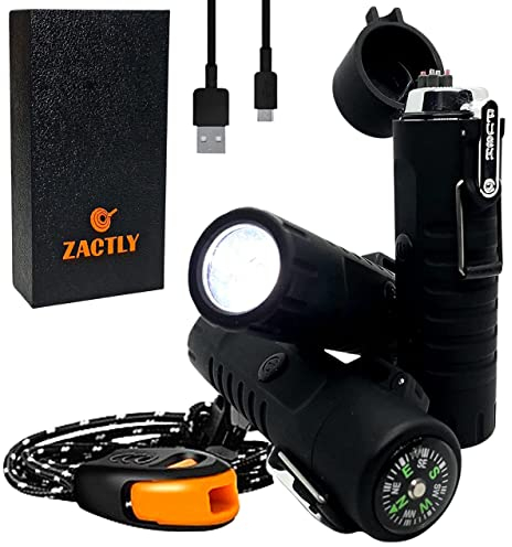 Zactly MODEL AL02 Electric Dual Arc USB Lighter Multifunction Waterproof Windproof Dustproof Rechargeable with Led Flashlight & Emergency Whistle, Camping & Outdoor Survival Tactical Tool (BLACK)