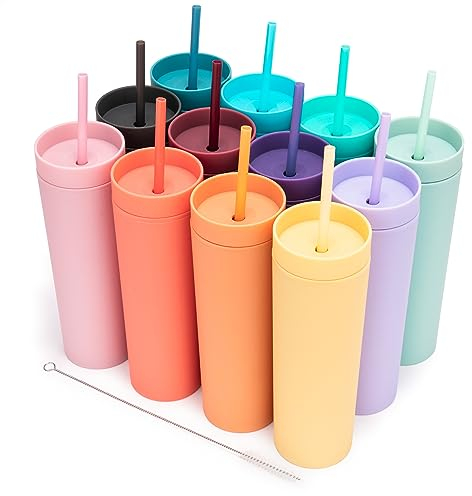 Earth - Paquete de 12 vasos delgados de acrílico de color pastel mate con tapas y popotes, vasos de plástico reutilizables de doble pared de 16 onzas con limpiador de pajitas incluido, espacios en