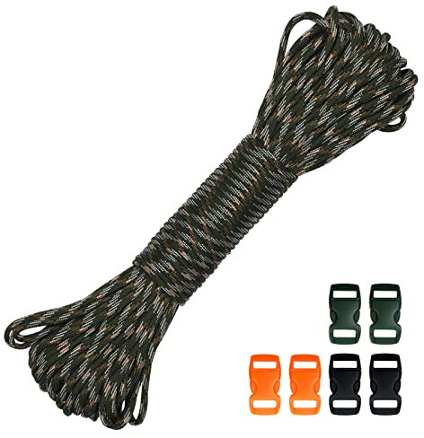 30M 550lb Paracord Rope 4mm Heavy Duty 7 Strand Nylon Cord Tent Rope Cord with 6 Plastic Buckles for Camping Hand Crafting (Camouflage, 4mm * 30M)