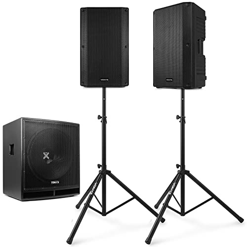 Vonyx 2.1 DJ PA Lautsprecher Set, Mobile PA Anlage Komplettset, Soundsystem, DJ Boxen Starter Set, 3200 Watt mit Subwoofer und Stativ, Aktiv PA Lautsprecher Aktiv Set, Musik Anlage