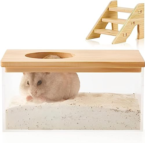GENCAM Sandbad Container für Hamster mit Leiter Haustier Transparenter Acryl Duschraum, Hamster Badehaus für Eichhörnchen Kaninchen Ratte