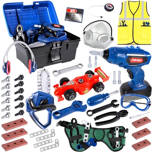 AOUVT 73 Pcs Juego de Herramientas - Caja con Taladro, Motosierra, Destornillador y Coche de Carreras Montado - para Niños - Apto para Mayores de 3 Años