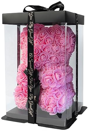 GreatGift® - Rosa Rosenbär 25 cm + 75 Rosenblätter - in Luxusverpackung -Rosenbär - Romantisches Geschenk - Valentinstag - Geschenk für sie (Rosa)