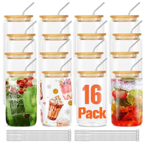 ASKIZ 16Pcs Glass Cups With Bamboo Lids and Straws,16Oz Ice Coffee Cup,Drinking Glasses Cups Set,Water Bottles Glasses for Juicing,Beer,Coffee,Soda,Tea-Glass Tumbler Reusable for Gifts