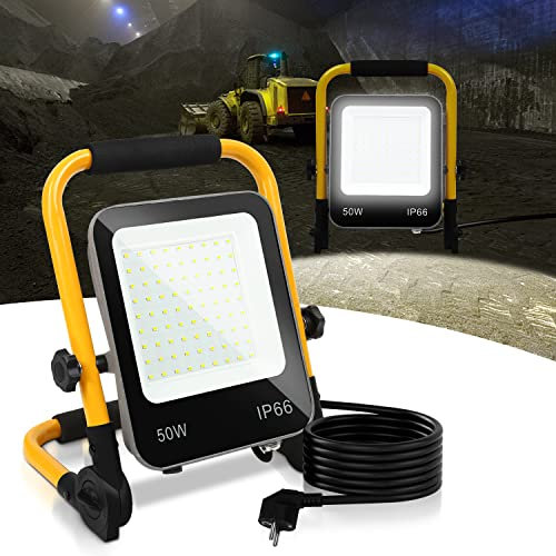 Sonnewelt Foco de Trabajo LED,50W proyector de obra lámpara de trabajo 5100LM 6000K,lámpara de construcción led con cable 3M y soporte plegable,lámpara de obra IP66 impermeable,para taller,garaje
