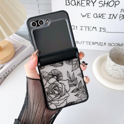 XIZYO Clear Flip Case for Samsung Galaxy Z Flip 5, Cute Rose Flower Floral Pattern Phone Case with Hinge Protection, for Girls Women Luxury Anti-Scratch Transparent Frosted Protective Case, Black