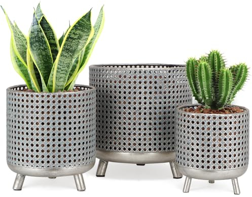 JHY DESIGN Set of 3 Decoration Metal Plants Pots Flower Containers with Hollow Design Large Planters for Indoor & Outdoor Garden Home Balcony Railing Fence (Galvanized Silver)