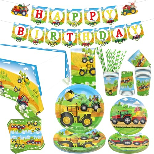 Tractor Farm Birthday Party Tableware Supplies Serves 20 - Includes Tractor Happy Birthday Banner, Plates, Napkins, Cups, Straws, Tablecloth, for Barnyard Farm Party Decorations (Yellow-S)