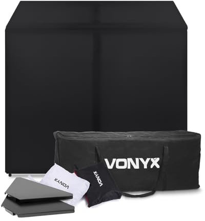 VONYX DB3 Mobile DJ Booth Stand with Foldable Desk, Corner Shelves, Black & White Lycra Covers and Carry Bags - Portable DJ Booth System for Mobile DJs, Events & Live Performances
