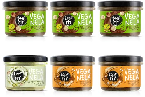 Feel FIT VEGANELA sans sucres ajoutés : 3xpâte à tartiner au cacao et aux noisettes, 2xpâte à tartiner au caramel salé, 1xcrème de pistache 45%, paquet de 6 (6 x 200 g)
