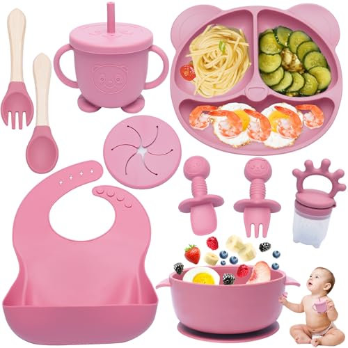 Dazhtu 10 pcs Baby Weaning Set - Silicone Feeding Set with Suction Bowl, Adjustable Bib, Cup, Fork & Spoon, Food Plate Kit, Ideal for Baby Gifts, Pink