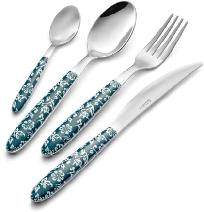 Eme P13SVR/FL Servizio Posate 6 Coltello 6 Forchetta 6 Cucchiaio 6 Cucchiaino Confezione Salvaspazio, 24 Pezzi, Modello Vero, Decoro Flowers, Nichel Free, Manicatura PBT Sublimato