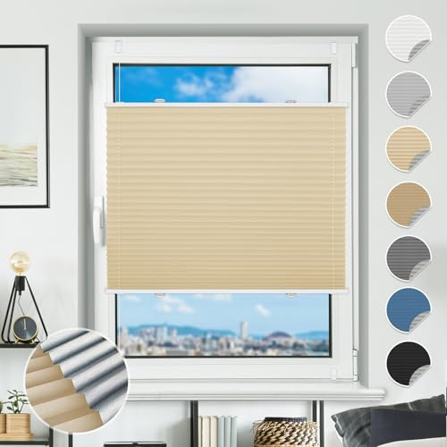 Plissee ohne Bohren Verdunkelung Plissees Klemmfix 90x130cm(BxH) Hellbeige 100% Blickdicht Verdunklungsplissee Fensterrollo innen ohne Bohren Aluminium Rollos für Fenster & Tür