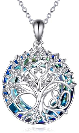 YFN 80th Birthday Gifts for Women Sterling Silver Tree of Life Necklace with Blue Crystal Mothers Day Christmas Jewelry Gifts for Mother Grandma Nana (80th)