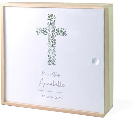 Erinnerungskiste zur Taufe Kreuz - Pflanze, Erinnerungsbox aus Holz, Taufgeschenk Baby, Geschenk zur Taufe personalisiert, individuelles Taufgeschenk, Geschenk Baby Taufe