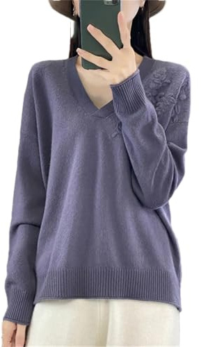 Dndrdhfb Pull à col en V pour femme - Couleur unie légère - Broderie, Frêne lilas, M