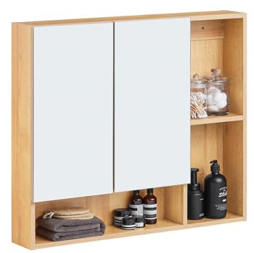 SoBuy Armoire Murale avec Miroir, Placard de Rangement, Meuble de Rangement Suspendu avec Miroir Salle de Bain, Meuble Haut avec 2 Portes, Étagère Réglable, 80x13x70 cm, Couleur Bois, BZR177-N
