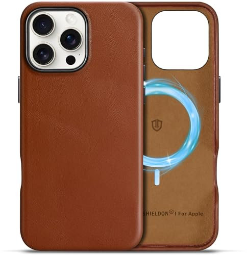 SHIELDON Case for iPhone 16 Pro Max 6.9, Genuine Leather Magnetic Wireless Charging [Anti-Scratch][Anti-Slip] Shockproof Slim Cover with Metal Buttons Compatible with iPhone 16 Pro Max - Retro Brown