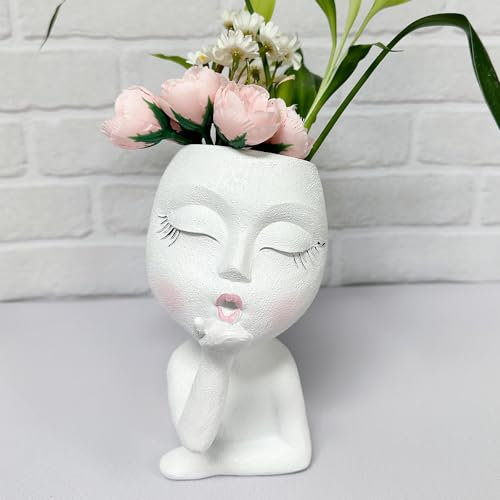 Luyi-Life Girl Face Succulent Planter, Face Flower Pots for Indoor Outdoor Plants, Resin Kiss Girl Head Planter Pots with Drainage Hole for Home Office Garden