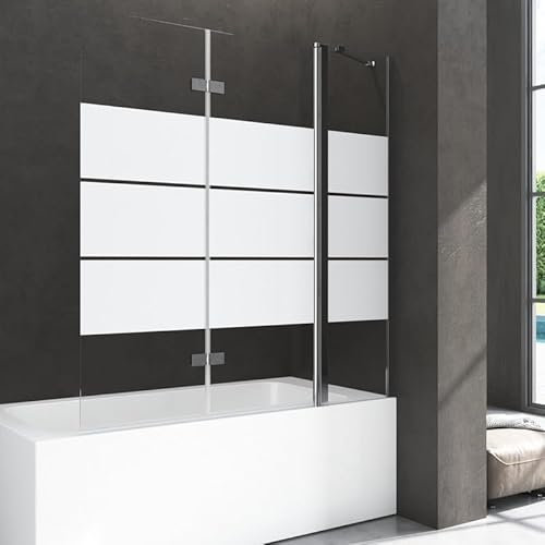 Duschkabine für Badewanne 160x140cm Duschwand 3-Teilig Faltbar, Duschabtrennung Gestreift Badewannenaufsatz mit Seitenwand 180° Faltwand, Duschtrennwand aus 6mm ESG sicherheitsglas, Silber Alu-natur