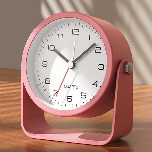 AYRELY® Kleiner analoger Wecker, batteriebetrieben, Tischuhr, niedliche Tischuhr mit Licht, verstellbarer Winkel für Reisen, Nachttisch, Schlafzimmer, Kinder, Wohnzimmerdekoration (Dunkelrosa)