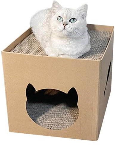 Rascador de cartón para gatos, caja rascadora de cartón para gatos, caja de cartón para gatos para interiores, casa de cartón para gatos con almohadilla para rascar, escondite para gatos para dormir y