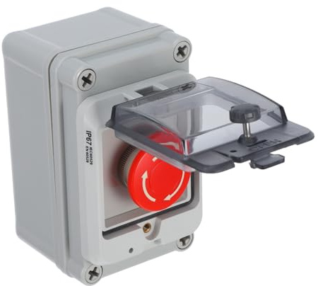 OKUMEYR Interruptor Exterior Impermeable Botón Pulsador De Parada De Emergencia Con Bloqueo Y Perilla Caja Estanca Para Arranque Parada Y Control En Exteriores 4.92X3.74X2.95In