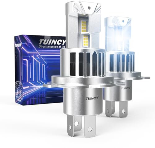 TUINCYN Ampoule H4 LED Voiture, 20000LM 600% Brillant 6000K Blanc, Ampoules Ventilées de Phare HB2/9003, Lampes Anti Erreur Homologuées, 1:1 Remplace Phares pour Xénon Halogènes, 2 Ampoules