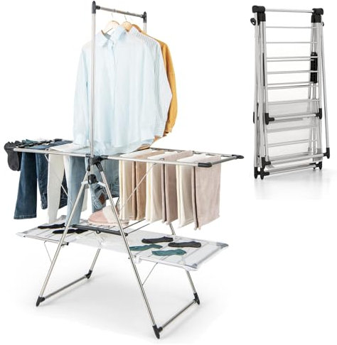 COSTWAY Wäscheständer klappbar, 2-stufiger Wäschetrockner ausziehbar, Standtrockner höhenverstellbar mit Flügeln, Netzgewebe & Schuhablage, Trockenständer Wäscheturm für Innen & Außen