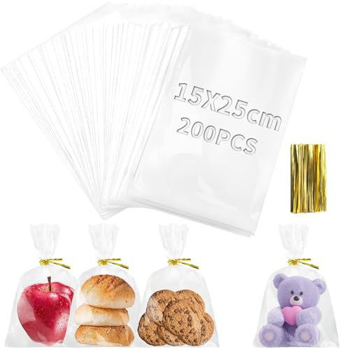 TXXATX 200 Stück Cellophantüten 25x15 cm Süßigkeiten Tüten Durchsichtige Tüten Kekstüten Transparent Zellophantüten Plastiktüten Geschenkbeutel mit Krawatten für Bonbon Brot Schmuck Hochzeit Party